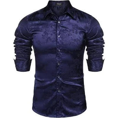 COOFANDY Men's Silk Satin Jacquard Long Sleeve Dress Shirt