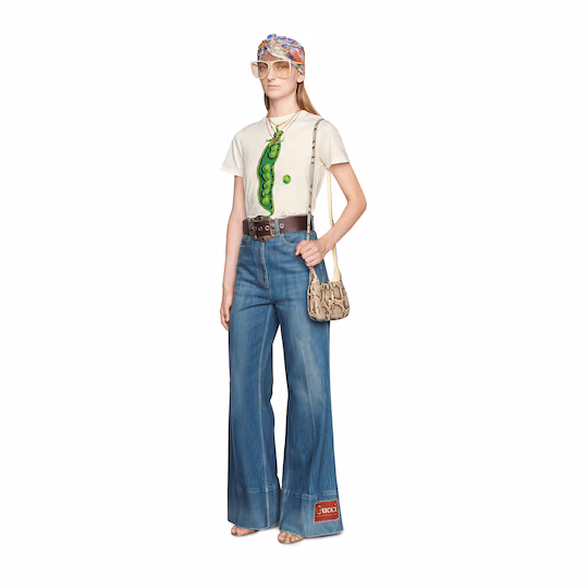 Washed Denim Flare Pant With Gucci Label
