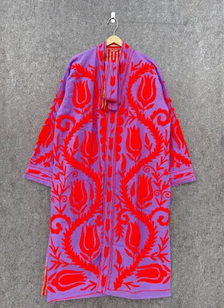 Handmade Floral Cotton Quilted Robe with Embroidered Kimono Jacket