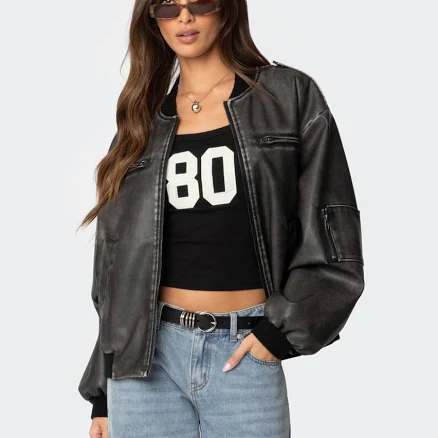 EDIKTED Women's Vava Washed Faux Leather Bomber Jacket