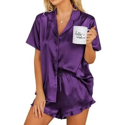 Ekouaer Women's Satin Button-Down Pajama Set