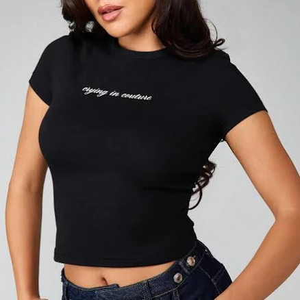 MISSGUIDED Crying In Couture Slogan Print Short Sleeve Crop Tee Baby Fitted