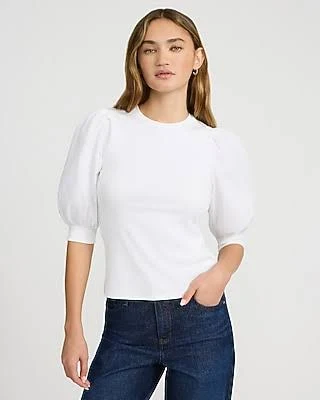 Express Women's Mixed Media Crew Neck Short Puff Sleeve T-Shirt