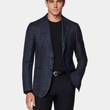 SUITSUPPLY Navy Checked Tailored Fit Havana Blazer, Wool Silk Linen, Size: 36, Men's Jackets