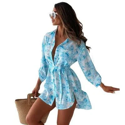 Women's Floral Longline Shirt Dress with Waist Belts and Side Slit