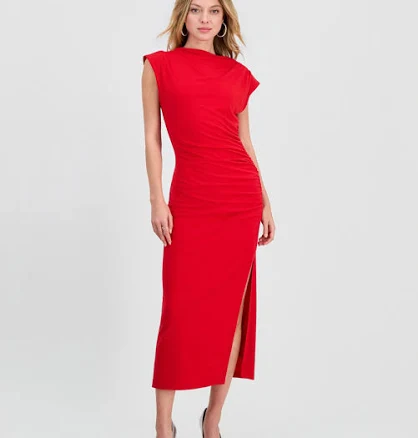 Robbie Bee Women's Ruched Side-Slit Sleeveless Midi Dress