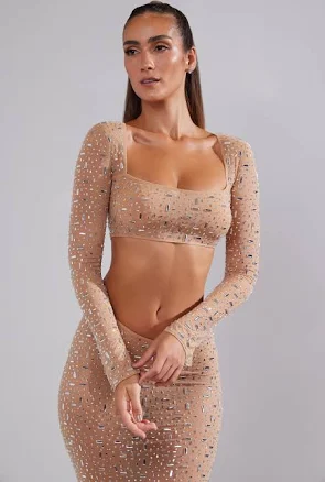 Oh Polly Giulia Sheer Embellished Long Sleeve Square Neck Crop Top