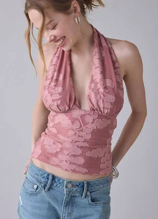 UO Party For You Studded Jacquard Plunging Halter Crop Top