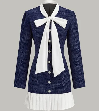Pleated Hem Bow Neckline Tweed Mini Dress