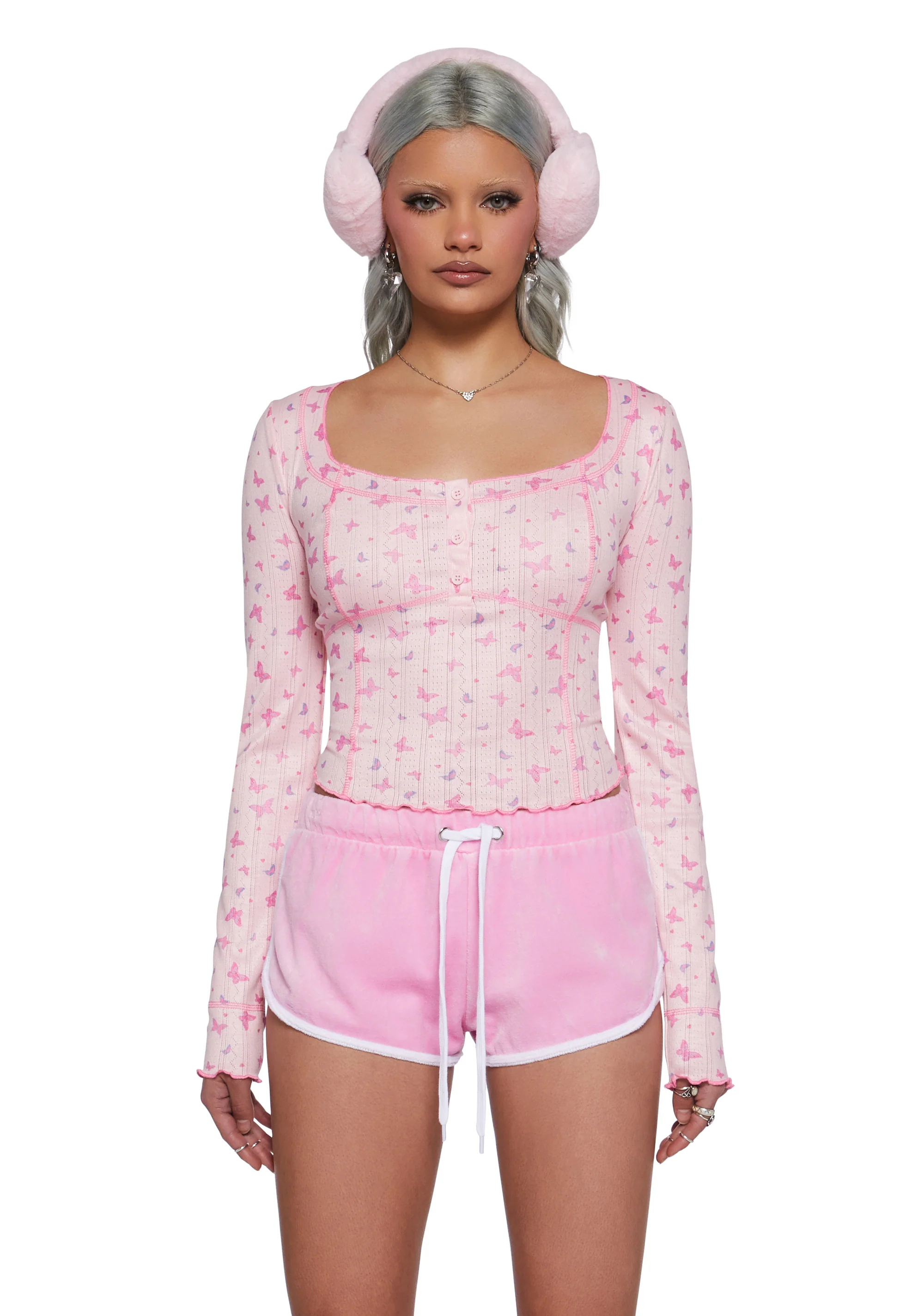 Sugar Thrillz Pointelle Butterfly Long Sleeve Crop Top