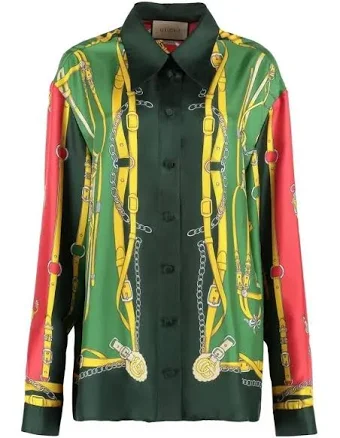 GUCCI Green Harness Print Silk Shirt New And Authentic - size L100