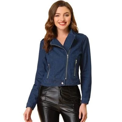 Allegra K Women's Notched Collar Biker Motocycle Denim Jacket