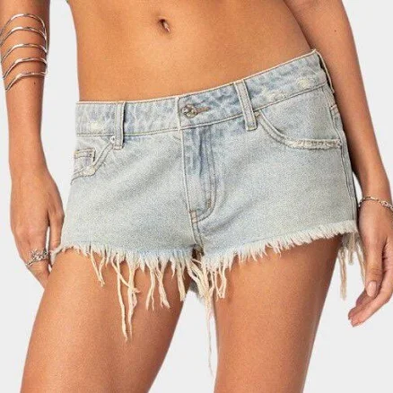 EDIKTED Frayed Vintage Washed Denim Shorts