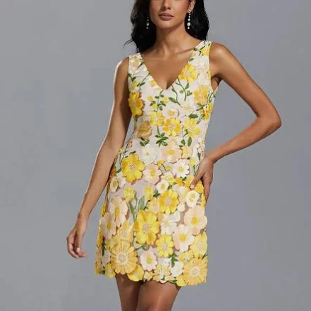 AW.Bridal A-Line V-Neck 3D Floral Embroidered Mini/Sleeveless Dress