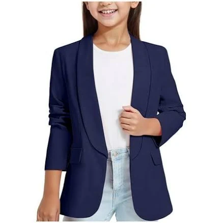 Byoo Tween Girls Long Sleeve Blazer Ruched Sleeves Casual Formal Jacket with Pockets,Navy, Girl's, Size: 11-12 T, Blue