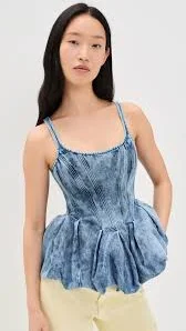 Acid Wash Denim Pleated Top