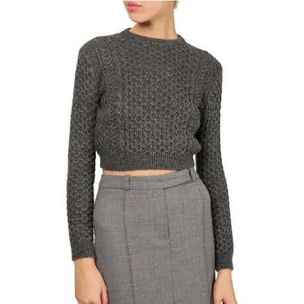 Miu Miu Grey Cropped Crop Cable Knit Knitted Crew Neck Wool Jumper Dress Sweater