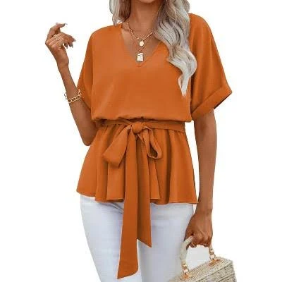 Imily Bela Women's Casual V-Neck Short Sleeve Belted Tee Top