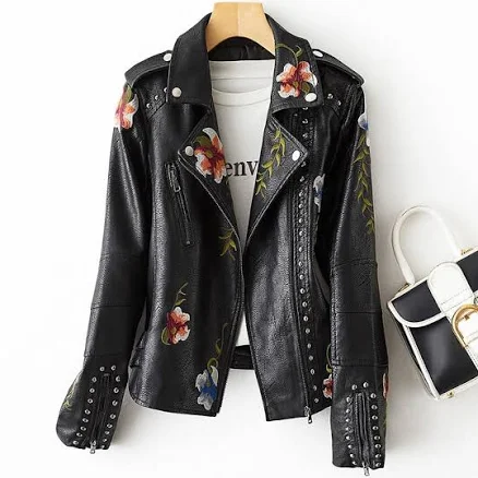 Vintage Faux Leather Moto Jacket with Floral Embroidery