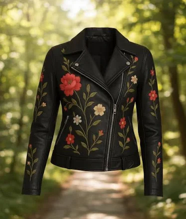 Women's Boho Floral Embroidered Leather Moto Jacket