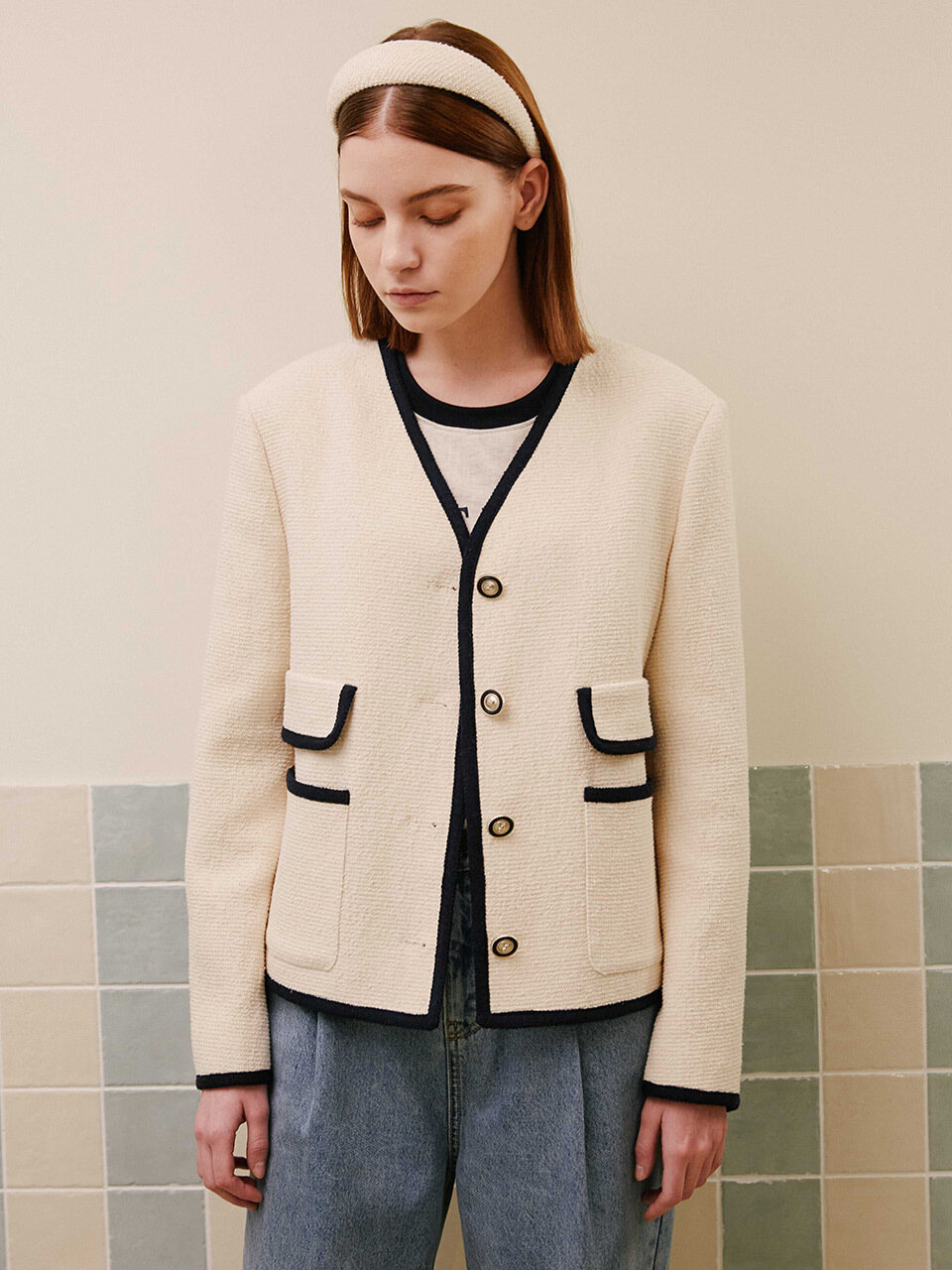 V-neck Collarless Jacket (NW2SWJ281)