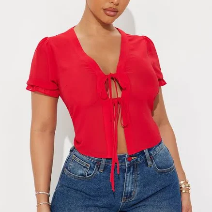 Fashion Nova Puff Sleeve Sheer Short Sleeve Blouse