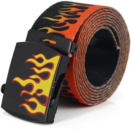 Flame Print Nylon Belt Unisex Fire Pattern Streetwear Waist Buckle