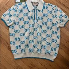 Gucci GG Cotton Knit Jacquard Polo Shirt Ivory/Azure Size XL