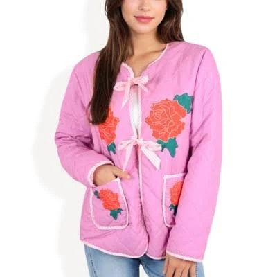 Anna-Kaci Women's Quilted Floral Embroidered Jacket with Bow Tie Front