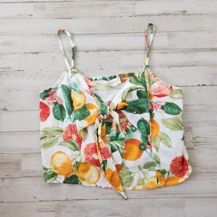 Cynthia Rowley Tank Top Medium Fruit Print Tie Front Linen Blend Crop