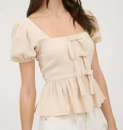Front Bow Puff Sleeve Peplum Top
