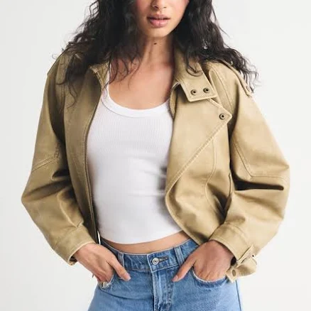 Abercrombie & Fitch Women's Relaxed Mockneck Vegan Leather Bomber Jacket