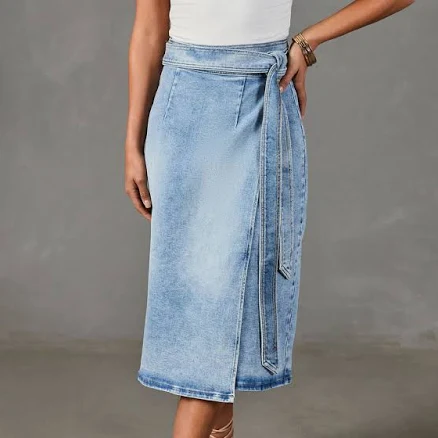 Class Act Denim Wrap Midi Skirt