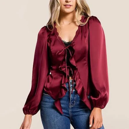 Willow & Root Women's Polyester Satin Ruffle Top with Buckle