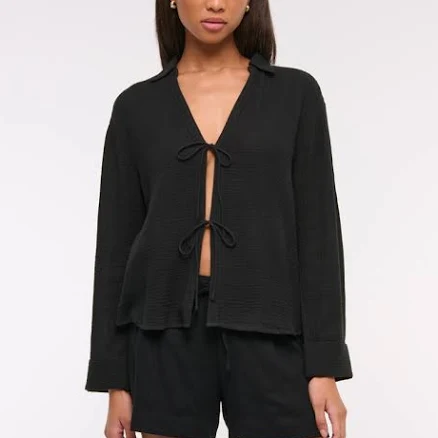 Abercrombie & Fitch Women's Oversized Tie-Front Gauzy Shirt