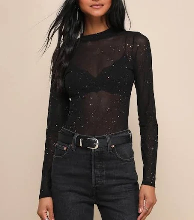 Lulus Strike an Attitude Black Mesh Multi Embellished Mesh Bodysuit Womens
