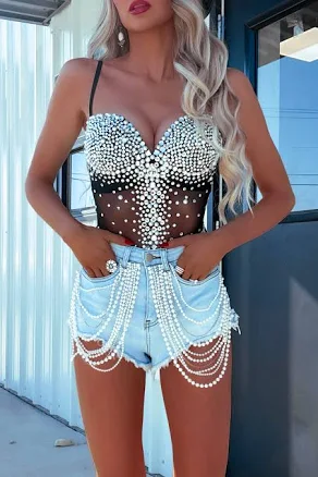 Arika Rhinestone Pearl Mesh Bodysuit