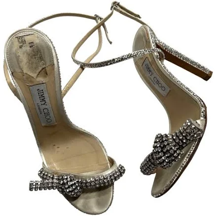 Jimmy Choo Shoes | Jimmy Choo Thyra Embellished Suede Sandals In Silver | Color: Silver | Size: 9 | Shoppelyft's Closet