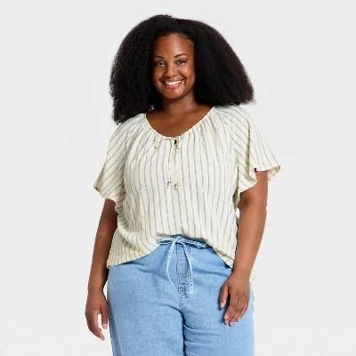 Ava & Viv Women's Flutter Sleeve V-Neck Tie-Front Blouse