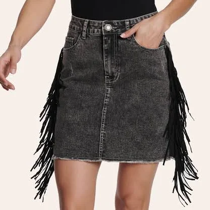 Rockin’ C Women's Acid Wash Fringe Denim Skirt