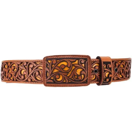 Floral Laser Cut Genuine Leather Cowboy Belt