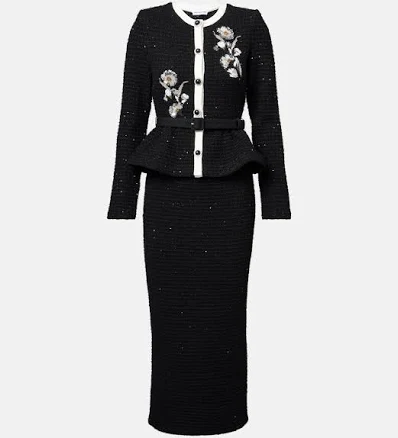 Self-Portrait, Sequined floral tweed midi dress, Women, Black, US 10, Dresses, Cotton blend
