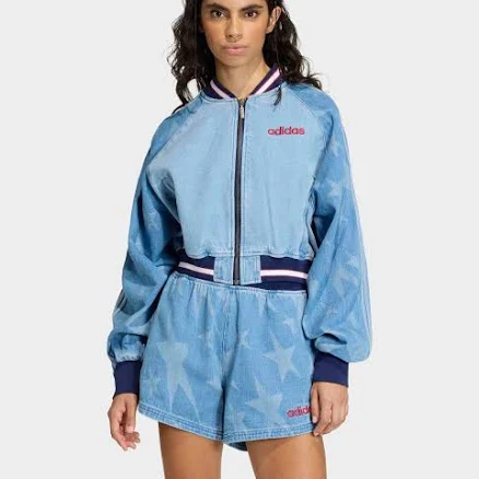 adidas Women's Denim Graphic Varsity Bomber Jacket