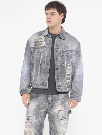 GUESS Men's Go Printed Mending Denim Trucker Jacket