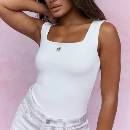 MISSGUIDED Embroidered Logo Jersey Square Neck Tank Bodysuit
