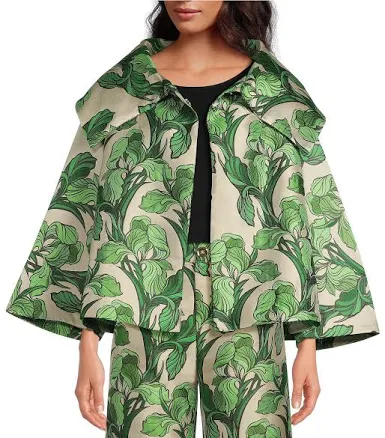 Buru Grace Printed Brocade Oversized Point Collar 34 Sleeve Cropped Coat Womens