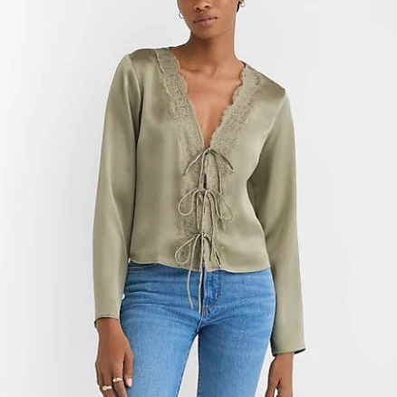 Women's Loft Petite Lace Trim Satin Bow Blouse