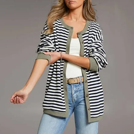 BKE Women's Oversized Striped Knit Cardigan with Buckle
