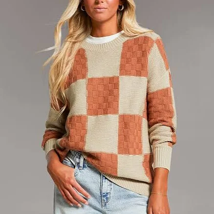 BKE Women's Cotton Checkered Knit Sweater with Buckle