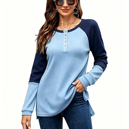 Women's Waffle Knit Raglan Sleeve Color Block Henley Long Sleeve Top, Size: Medium, Sky Blue
